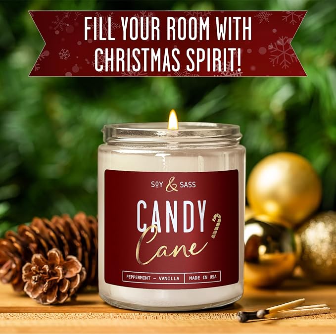 Peppermint Candle - 'Candy Cane' Christmas Candle w/Menthol, Peppermint & Vanilla - Infused with Essential Oils I Christmas Candles Scented I 9oz, 50Hr, Made in USA