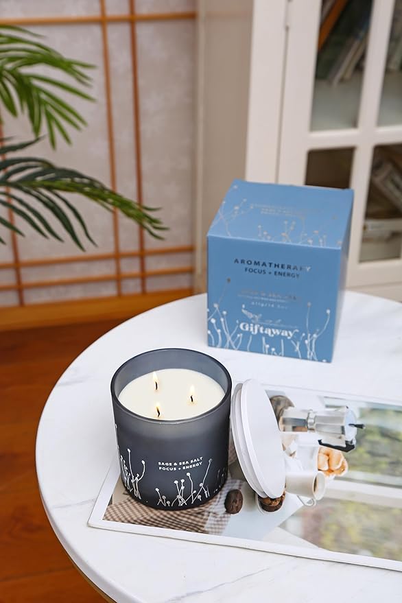 White Sage Sea Salt 3 Wick Candle - Large Soy Scented Candle 14.5 oz - Sage Candle for Cleansing House - Aromatherapy Energy Cleansing Candle for Home, Stress Relief, Women & Men