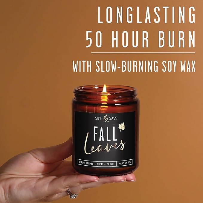 Fall Candles - 'Fall Leaves' Fall Candle w/Autumn Leaves, Clove & Musk I Infused with Essential Oils I Autumn Scented Candles I Cozy Cute Autmn Décor Gifts I 9oz Jar I 50Hr Burn I Made in USA