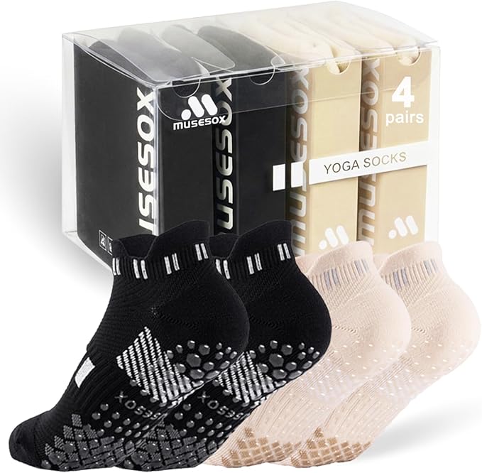 musesox 4 Pairs Non-Slip Pilates Socks for Women with grips,Grippy Ankle Socks for Yoga,Barre,Hospital,Gym,Dance