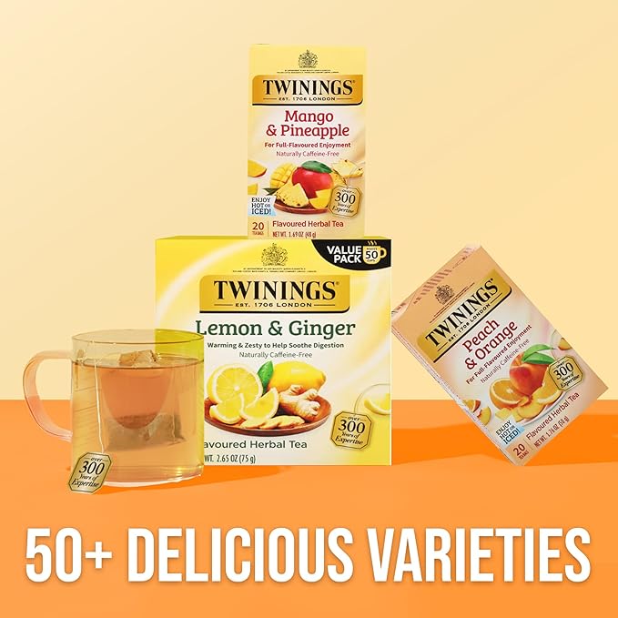 Twinings Mango & Pineapple Herbal Tea Individually Wrapped Bags, 20 Count (Pack of 2), Naturally Caffeine-Free, Enjoy Hot or Iced, 20 Teabags