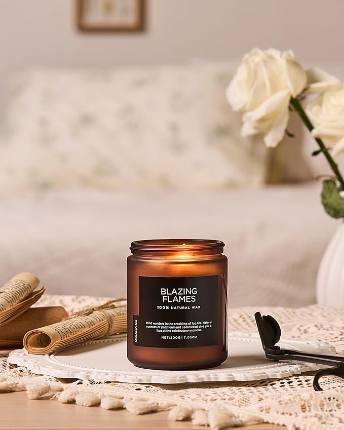 M&SENSE Blazing Flames Scent with Log Fire, Natural Soy Wax Slow Burning Candle for Home Decor, Cedarwood &Cade Scented 7.05oz 50 Hours Burn Cotton Wick Gifts for Celebration Holiday