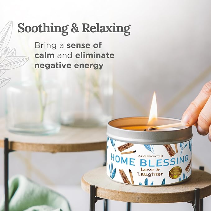 Magnificent 101 Long-Lasting Home Blessing - Love & Laughter Aromatherapy Smudge Candle - 6 Oz - 35-Hour Burn - Soy Wax, Sage, Bergamot & Sandalwood - Meditation & Manifestation - Sage Candle