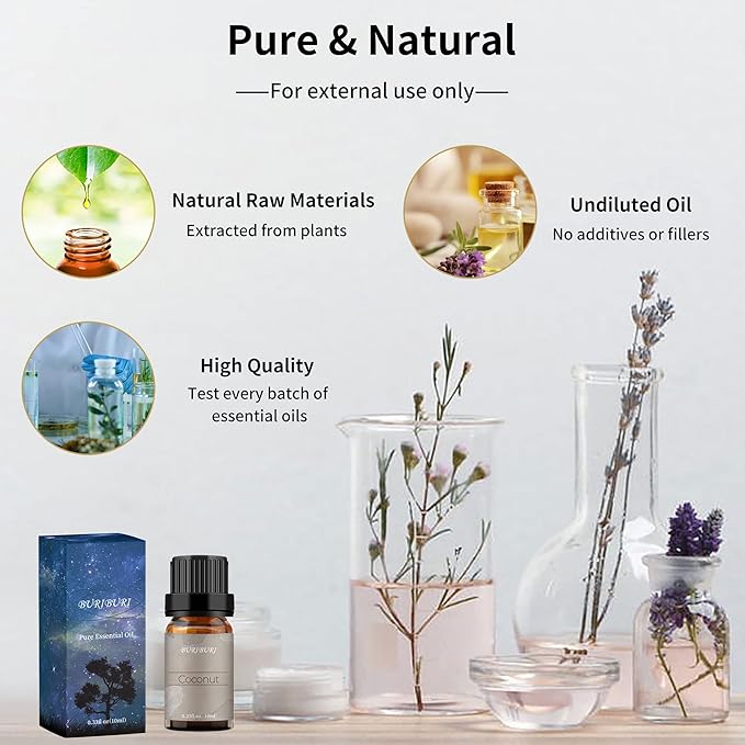 BURIBURI Coconut Essential Oil, Premium Grade Scented Oil 10ml Coconut Fragrance Oil Carrier Oil for Diffusers, Massage, Candle Making Soap Making