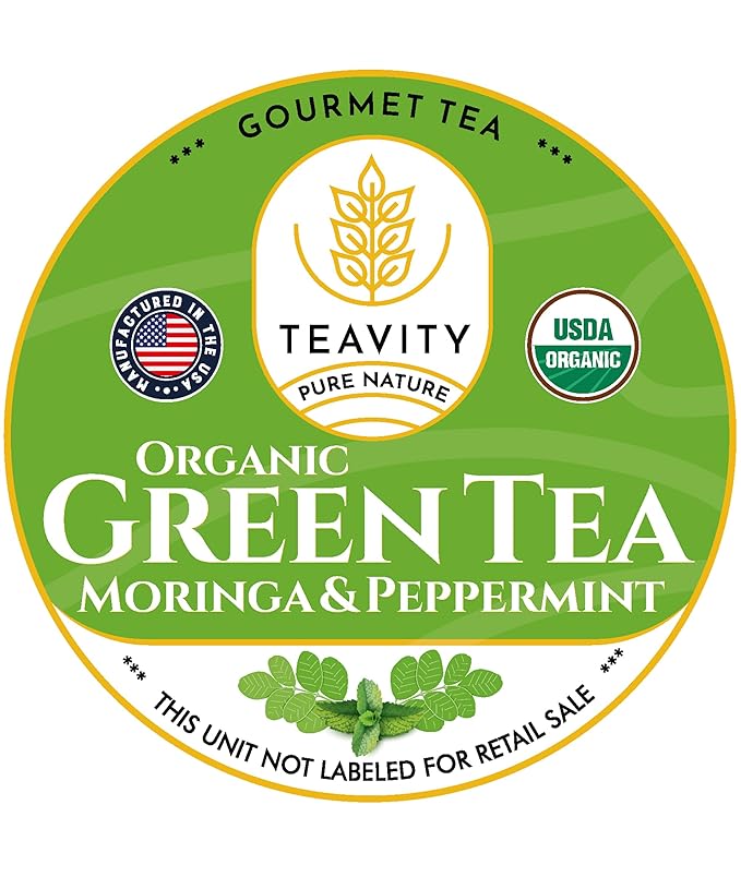 Organic Moringa Green Tea with Peppermint Tea Pods for Keurig - Naturally Caffeinated by Teavity (12 Tea Pods)