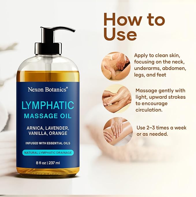 Lymphatic Drainage Massage Oil for Massage Therapy 8 fl oz - Refreshing and Relaxing - Natural Oils with Arnica, Vanilla and Lavender Oil - for Men and Women - Nexon Botanics