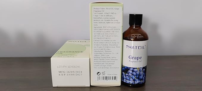 PHATOIL 3.38FL.OZ Grape Fragrance Oils for Aromatherapy, Essential Oils for Diffusers for Home, Perfect for Diffuser, Yoga, Skin Care, DIY Candle and Soap Making - 100ml