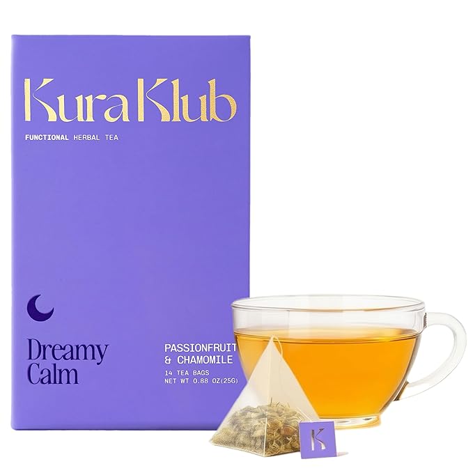 Kura Klub Nighttime Sleep & Relaxation Tea — Chamomile & Passion Fruit Herbal Blend for Stress-Free Evenings, Beauty & Digestion Support — Caffeine-Free, No Microplastics — 14 Biodegradable Teabags