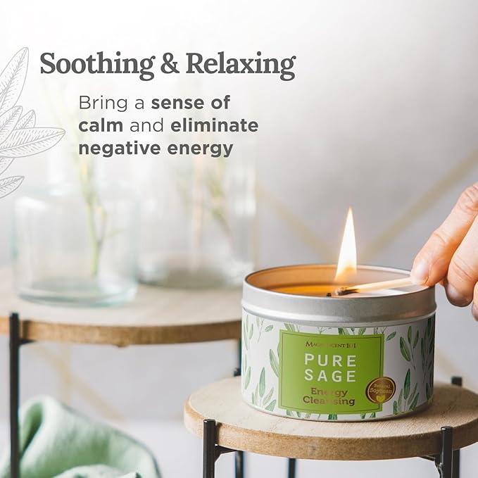 Magnificent 101 Long Lasting Pure Sage Smudge Candle - 6 Oz - 35 Hour Burn Time - Soy Wax Candle for House Energy Cleansing, Aromatherapy & Manifestation - Spiritual Gifts for Women