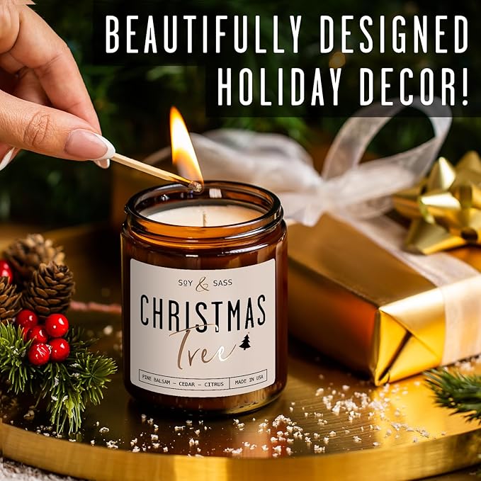 Christmas Tree Candles, Christmas Candles Scented - 'Christmas Tree' Soy Candle w/Balsam, Cedar & Citrus - Infused with Essential Oils I Balsam Pine Candle I 9oz, 50Hr, USA Made