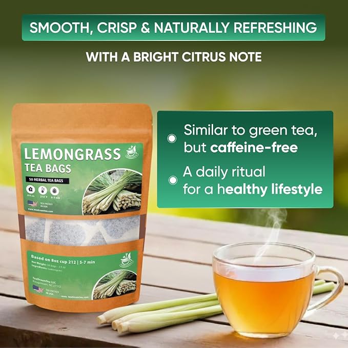 Lemongrass Tea Bags - 50 Bags (Premium Natural Pure Leaf Tea - 50 Count) Gluten-Free and Caffeine-Free Herbal tea for Relaxation, Wallness, Immune Support with Smooth Taste