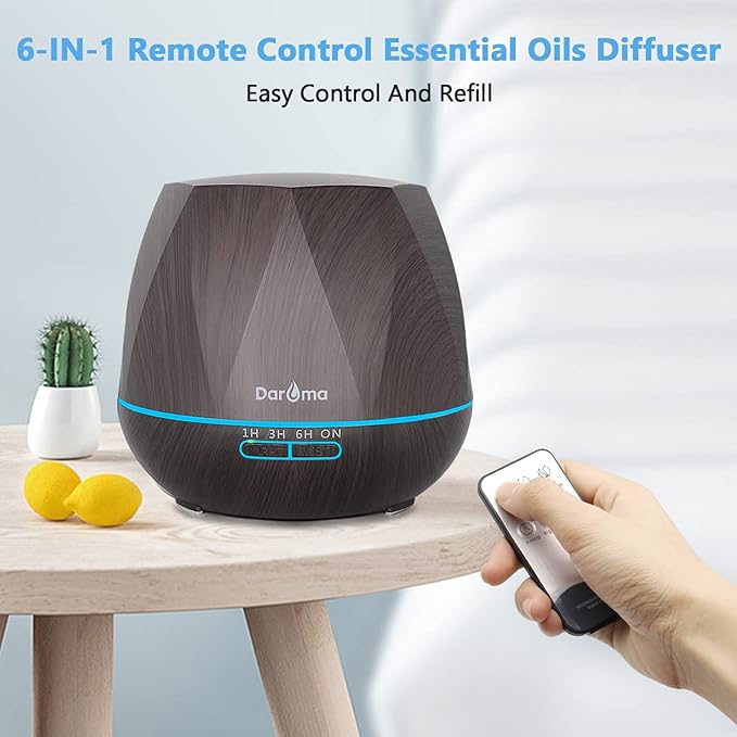 550ml Essential Oil Diffuser, DAROMA Upgraded Remote Control 6 in 1 Aromatherapy Ultrasonic Cool Mist Humidifier, 7 Color Changing Mood Lights & Waterless Auto-Off for Home Office Gift, Dark Wood