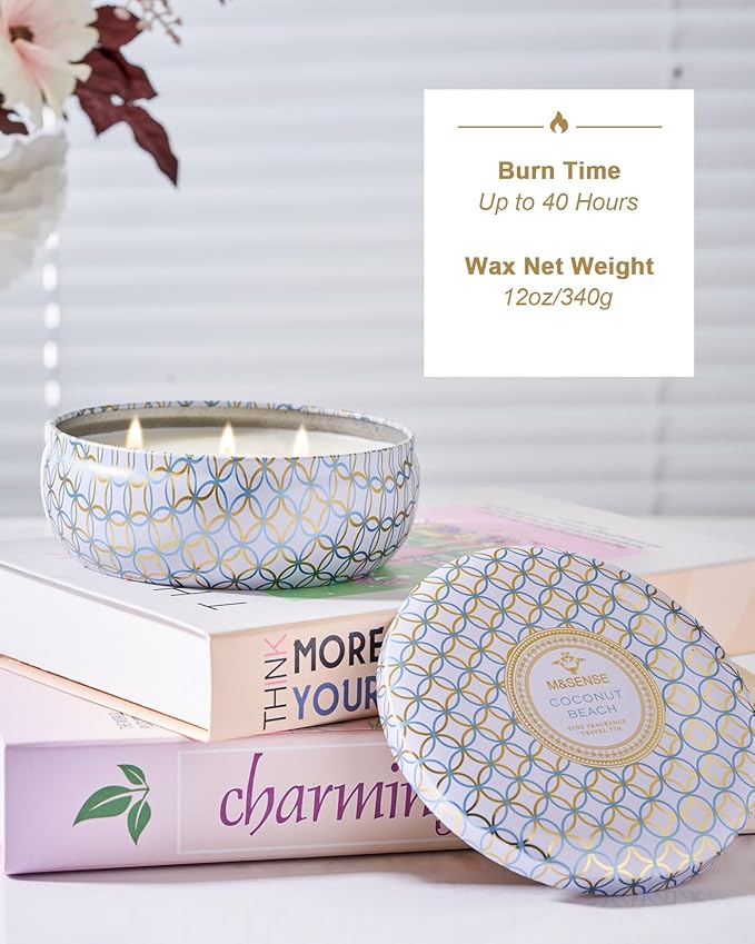 M&SENSE Coconut Beach Scented Candles, Large 3 Wick Soy Tin Candle, Over 40 Hour Burning Time, 100% Natural Vegan Wax, Relaxing Aromatherapy Aesthetic Candle Gift for Women Men