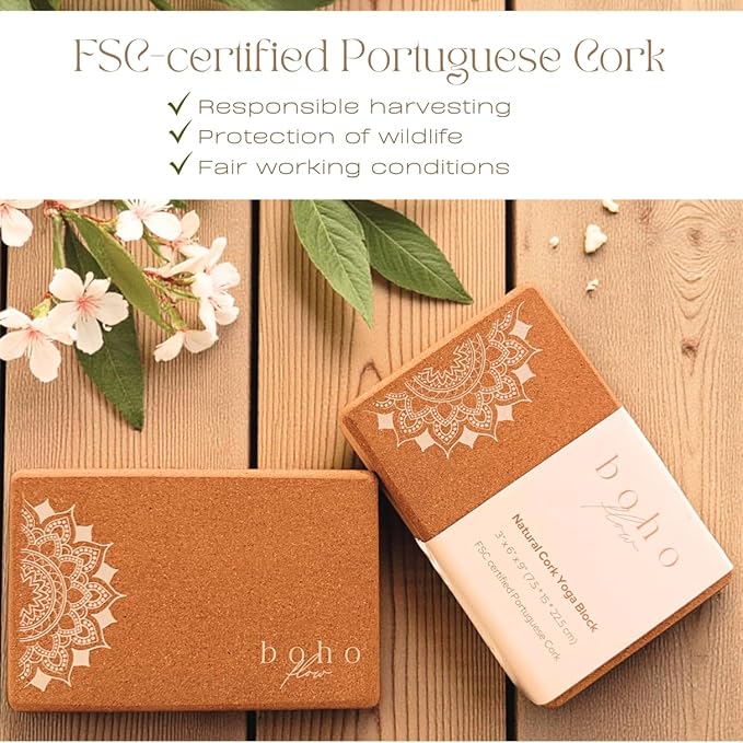 Boho Flow Cork Yoga Block 2 Pack with Strap & Bag | Premium Eco-Friendly Cork Bricks 9”x6”x3” | Heavy-Duty, Non-Slip & Durable Yoga Props | Plastic-Free, EVA-Free, Non-Toxic