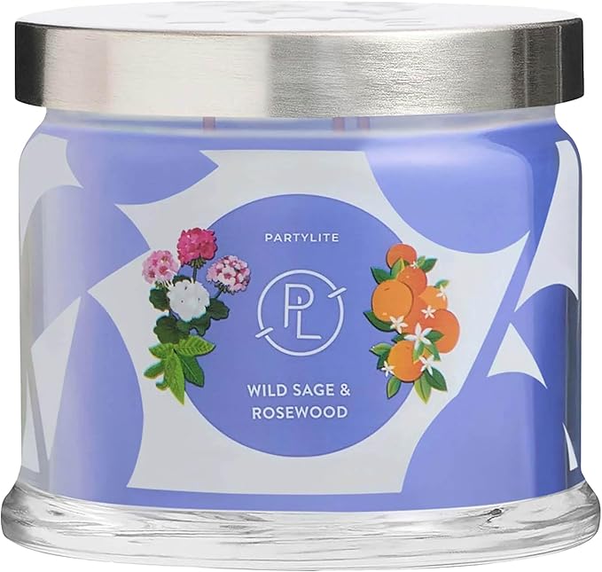 PartyLite Wild Sage & Rosewood Scented, Notes of Sage Leaf, Rosewood, Geranium Petals and Lemongrass, 13.2oz 3-Wick Jar Candle, 45 Hour Burn Time, Luxurious Fragrance, Ideal for Gifting