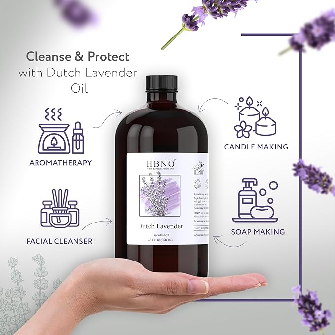 HBNO Lavender Dutch Oil - 32 oz (950 ml) Large Size - Ideal for Shampoos, Conditioners, Mouth Washes, Face wash, Lotions, and Skin Care Products (Glass Bottle).