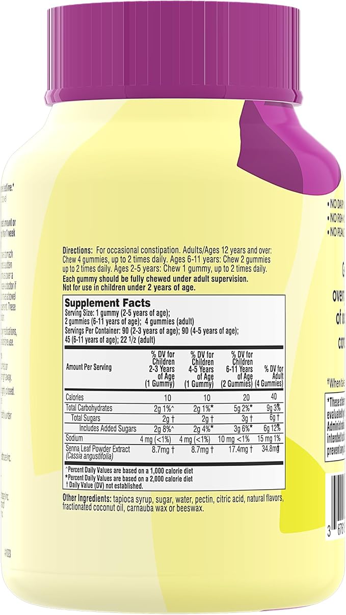 Senokot Dietary Supplement Laxative Gummies, Natural Senna Extract, Gentle, Overnight Relief from Occasional Constipation, Mixed Berry Flavor, 90 Count (Pack of 2)