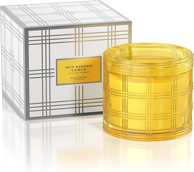 HomeWorx by SLATKIN + CO. 18oz Luxe Candle -Sun Kissed Lemon Premium Scented Candle, Colored Glass with Essential Oils and Gift Box