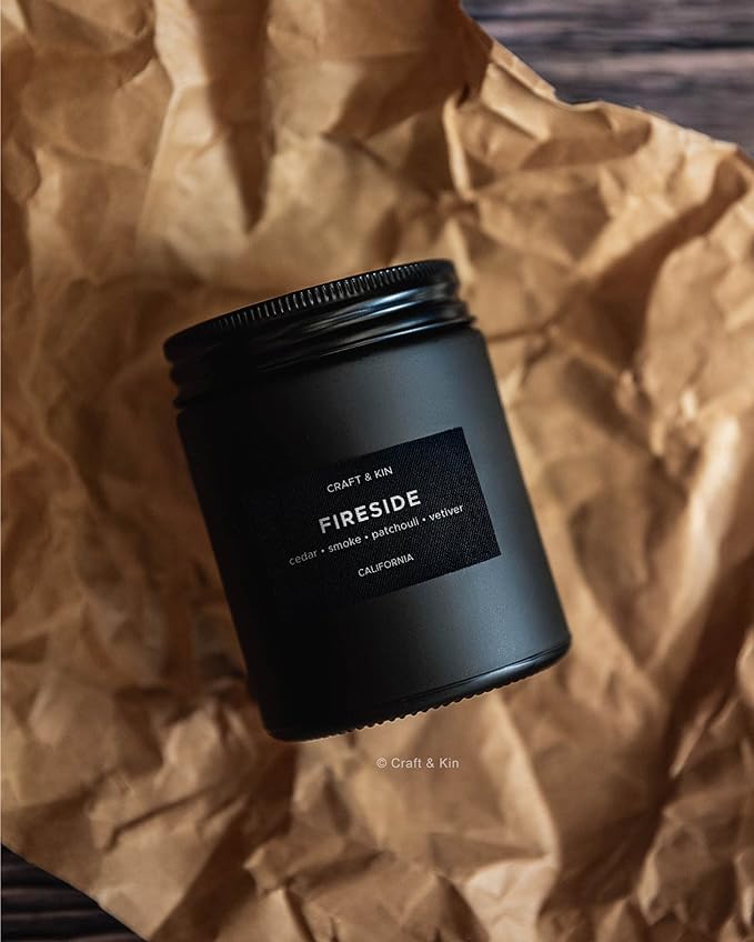 Craft & Kin Premium Smoky Fireside Candle | Christmas Scented Candles for Men | Men Candles with Wood Wicked | Long Lasting with 45 Hour Burn Time - 7.6oz