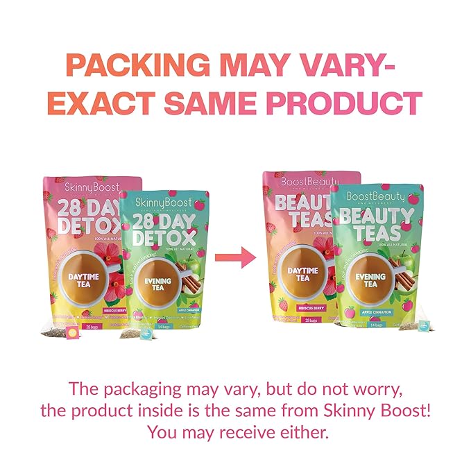 Skinny Boost Detox Tea Kit- 2 PACK –1 Daytime HIBISCUS (28 Bags) + 1 Evening APPLE CINNAMON-(14 Bags) – Herbal Detox for Energy, Bloating & Colon Cleanse – Green Tea, Vegan, Keto, Non-GMO, Sugar-Free