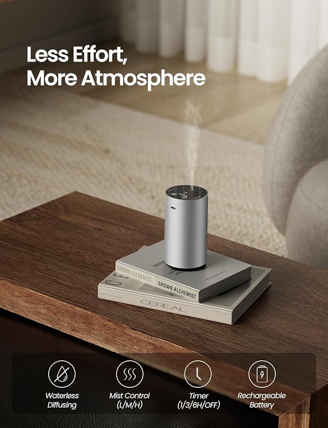 Waterless Essential Oil Diffuser, Rechargeable Scent Diffusers with 3 Mist Levels & Timers, Portable Aromatherapy Diffuser for Home Car Room Studio Office, Silver Metal