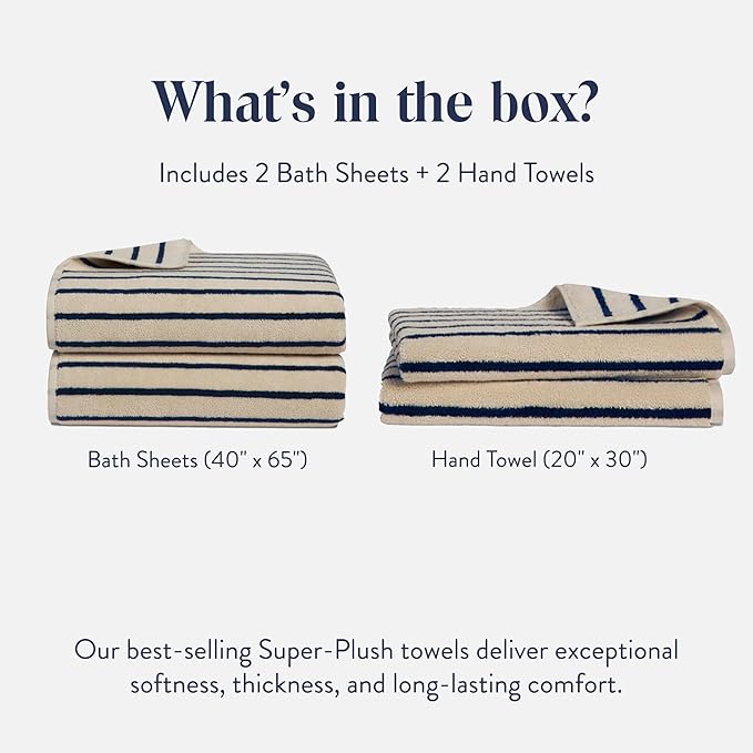 Brooklinen Super-Plush Bath Sheet and Hand Towel Set - 2 Bath Sheets 2 Hand Towels - Cotton, Highly Absorbent (Striped Midnight Navy)