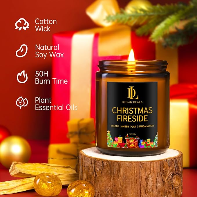 Christmas Fireside Scented Candle, Natural Soy Candles for Home Scented, 7oz Holiday Candle with 50hr Burn Time, Aromatherapy Candles Christmas Holiday Gifts for Women Men