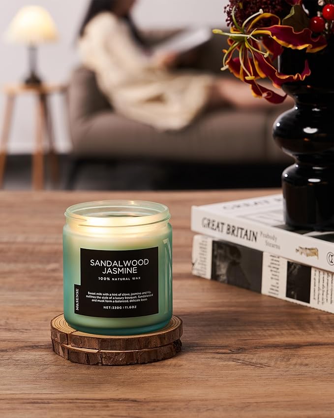 M&SENSE Sandalwood Jasmine Scented Candle, 11.6oz 70 Hours Burn Time Clean Non Toxic Natural Soy Wax Candle 2 Cotton Wick Home Decor for Mothers Day & Bathroom Bedroom