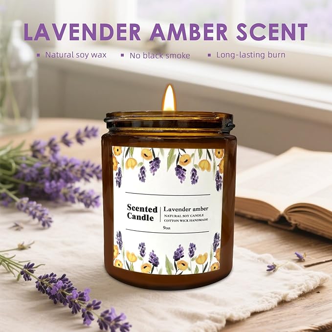 Coniol Lavender & Amber Scented Candle – Natural Soy Wax, Aromatherapy Candle for Home, Relaxation, and Gift Giving