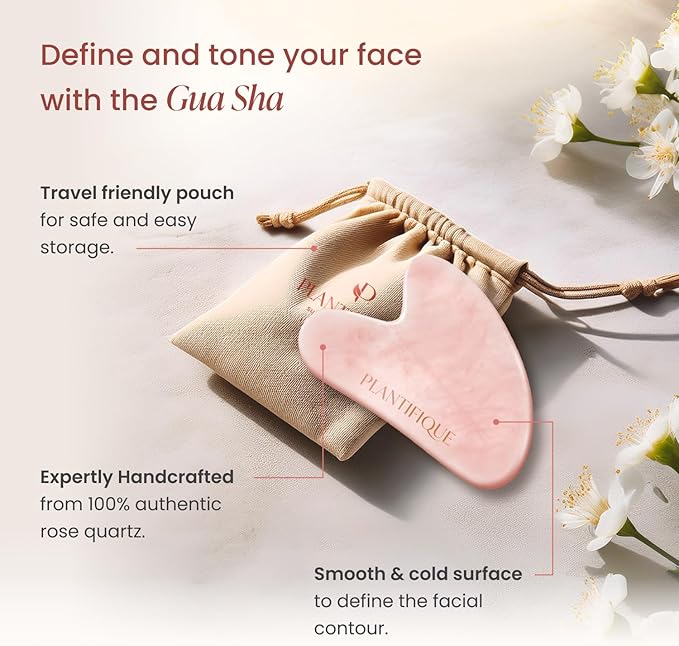PLANTIFIQUE Massage Ritual Set Premium Certified Rose Quartz Gua Sha + Vitamin C Serum Skin Care Set, Birthday Gifts for Women, Teens, Mom, Brides