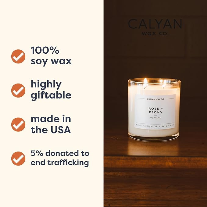 Calyan Wax Co. Rose & Peony 2 Wick Scented Candle - 37 Hour Burn - Luxury Non Toxic Soy Wax Candles - Long Lasting Large Glass Jar Candle for Home - 8.8oz