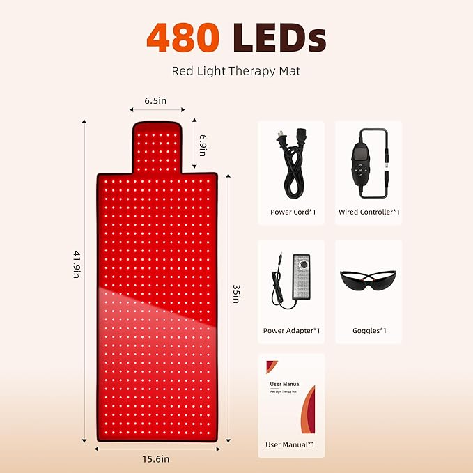 Red Light Therapy Mat for Body 42"x16", 480 LEDs Infrared Light Therapy Pad with Dual Wavelengths 660nm & 850nm for Back Shoulder Belly Leg, Pulse Modes, Adjustable Timer & Intensity