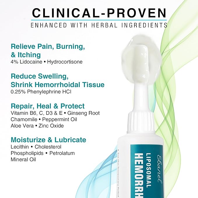 Ebanel 4% Lidocaine Hemorrhoid Treatment Ointment with Phenylephrine, Hydrocortisone, Vitamins B6, D3, E, Zinc Oxide, External and Internal Hemorrhoids Treatment Burn Itch Pain Relief Anal Cream
