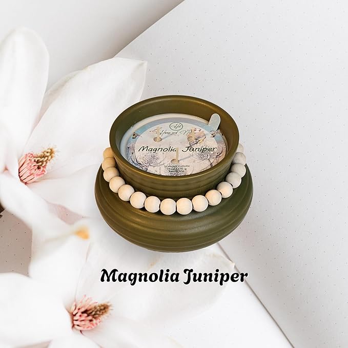 CW Studio Magnolia Juniper Scented Candle – 23oz Green Ceramic Jar with Wooden Bead Accent– 12H, Smokeless - Premium Paraffin and Palm Wax, Cotton Wick – Aromatherapy Gift for Home Relaxation