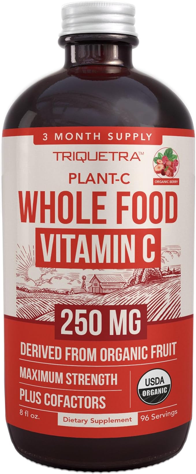 Organic Vitamin C Liquid - 250 mg | Whole Food Vitamin C Supplement from Fruit Plus Absorption Cofactors, Rutin & Citrus Bioflavonoids - Immune & Antioxidant Support, Total Health (96 Servings)