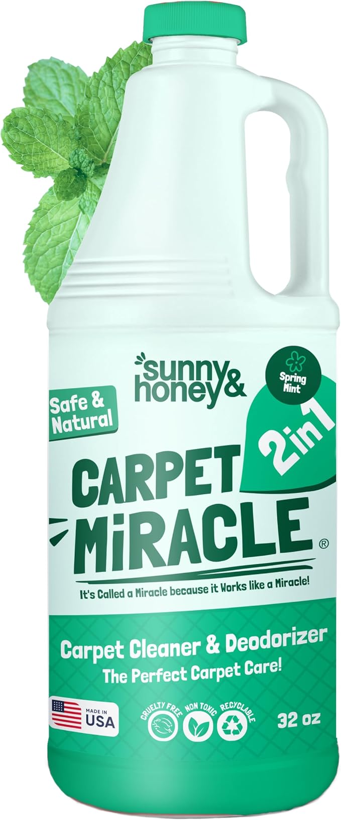 Sunny & Honey Carpet Shampoo & Cleaning Solution - 32 Fl Oz Spring Mint Scent - Pet Carpet Cleaner Machine Solution - Rug & Upholstery Cleaner - Stain Remover & Odor Deodorizer