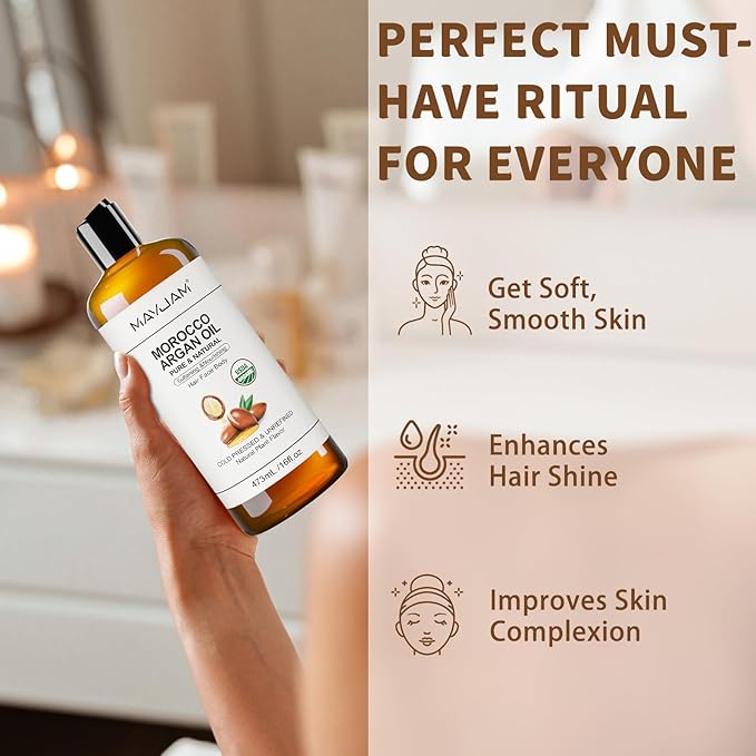 MAYJAM Organic Moroccan Argan Oil 16 Fl Oz, USDA Certified 100% Pure & Natural Carrier Oil For Dry, Damaged Skin, Hair, Face, Body & Scalp Moisturing, Massage Oils for Essential Oils Mixing (473ml)