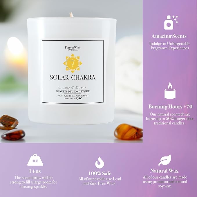 Foreverwick Solar Chakra Candle | Natural Soy Wax Jar Candle | Sandalwood Scented Candle | Citrine Crystal Candle Jar | Lead & Zinc Free Wick Candle Jar | 14 oz Organic Candle