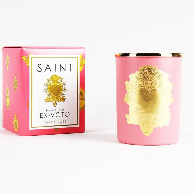 SAINT Ex-Voto Sacred Heart Devotional Scented Candle with Prayer Coin, Tonka Rose Soy Coconut Aromatherapy Candle with 80 Hour Burn Time, Collector Series Edition II (Pink)