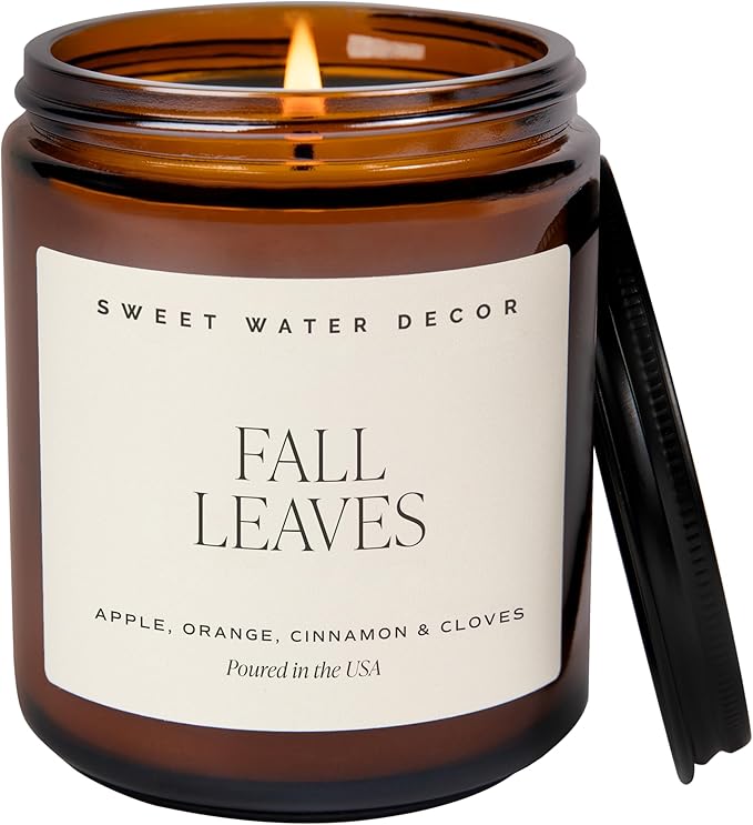 Sweet Water Decor Fall Candles for Home Scented - Hand Poured Soy Wax Autumn Candle with Apple & Cinnamon Scent - 40 Hour Burn Time Long Lasting Fall Candles Soy - Amber Glass Jar for Candle Decor