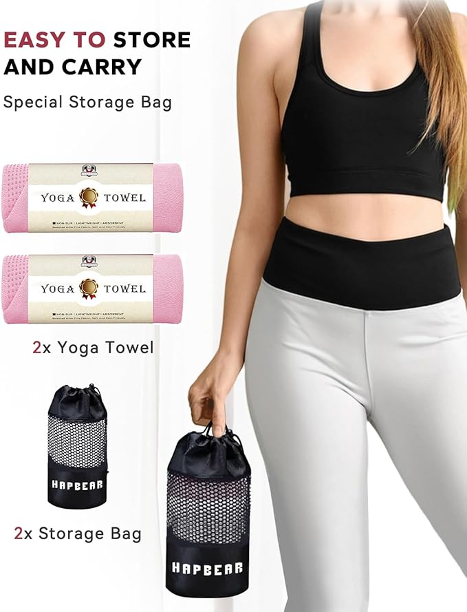 HAPBEAR 2 Pack Hot Yoga Towel - Non Slip Yoga Mat Towel with Grip Dot, Super-Absorbent, Soft Microfiber Towel for Hot Yoga, Pilates and Fitness