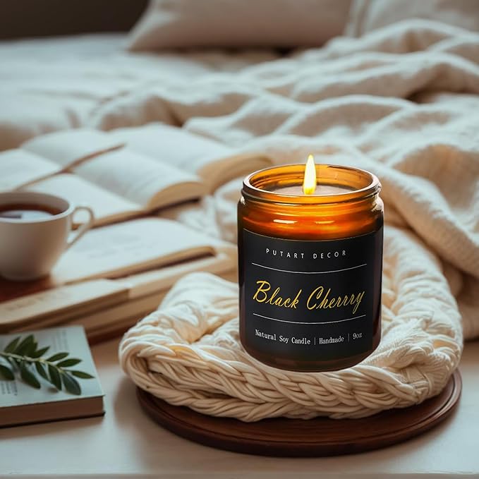 Black Cherrry Scented Candle for Home, Natural Soy Wax Aromatherapy Non Toxic Candle Gifts for Women & Men, Handmade Highly Scented & Long Lasting Jar Candle for Stress Relief (9oz)