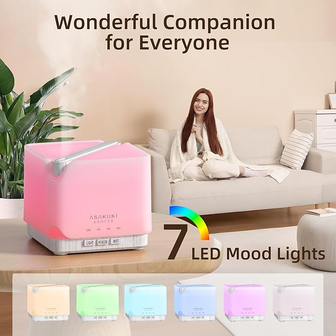 ASAKUKI 700 ml Premium Essential Oil Diffuser, 5 in 1 Ultrasonic Aromatherapy Fragrant Oil Vaporizer Humidifier, Timer and Auto-Off Safety Switch, 7 LED Light Colors
