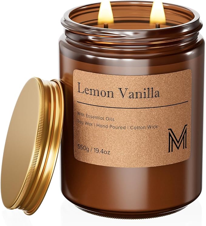 M&SENSE Lemon Vanilla Scented Christmas Candle Gift | 19.4oz, 115-Hour Burn | Natural Organic Soy Wax | Long-Lasting for Stress Relief and Gifting | for Christmas, Thanksgiving, Holiday