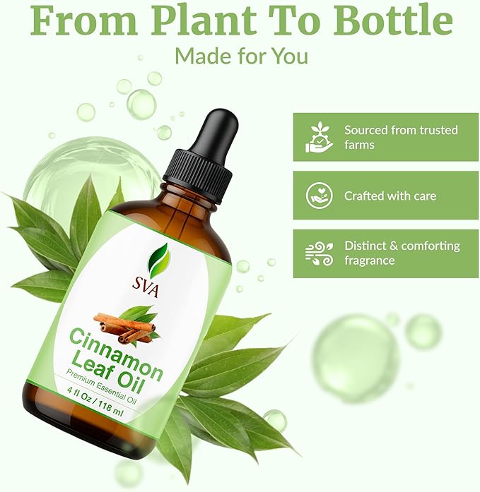 SVA Cinnamon Leaf Essential Oil – 4 Fl Oz – 100% Natural Cinnamon Oil - for Diffuser, Hair Care, Face, Skin Care, Aromatherapy, Scalp and Body Massage, Soap and Candle Making – with Dropper