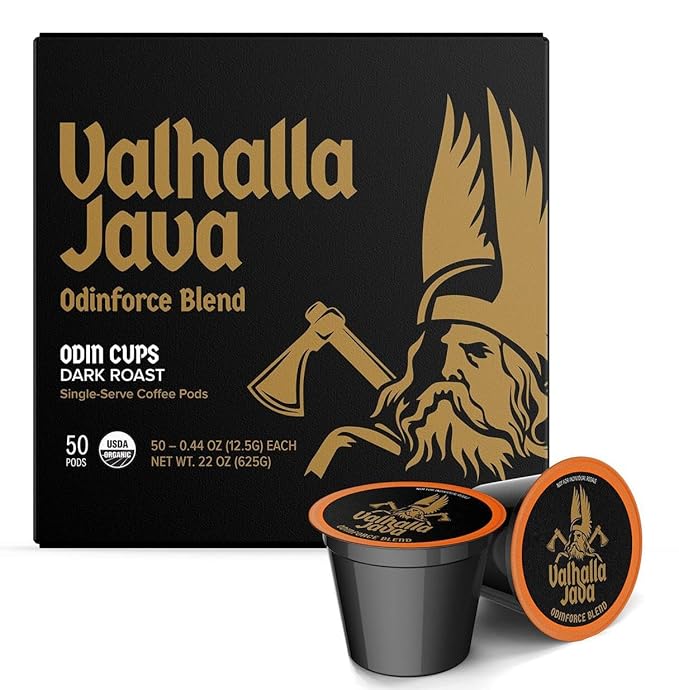 Death Wish Coffee, Valhalla Java Single Serve Pods - Extra Kick of Caffeine - Dark Roast Coffee Pods - Made with USDA Certified Organic Fair Trade Arabica and Robusta Beans (50 Count)