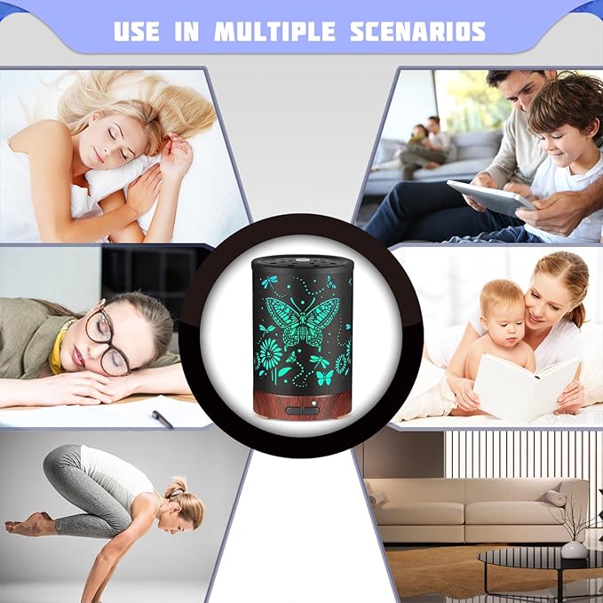 Metal Essential Oils Diffuser 150ML Christmas Aromatherapy Diffuser Cool Mist Humidifier with 7 Colors Lights Waterless Auto Off Air Diffusers as Gifts for Mom(Butterfly)