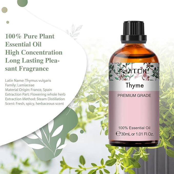 Thyme Essential Oil, 1.01Fl.Oz (30ML) PHATOIL Pure Essential Oil Singles for Aromatherapy Diffusers, Humidifiers, Great for DIY Candle and Soap Making, Gift for Friend