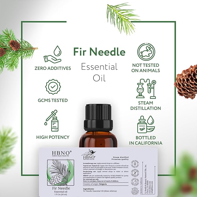 HBNO Fir Needle Essential Oil - 1 oz (30ml) Travel Size - Natural Fir Needle Oil - Perfect for Cleaning, Aromatherapy, DIY, Soap & Diffuser