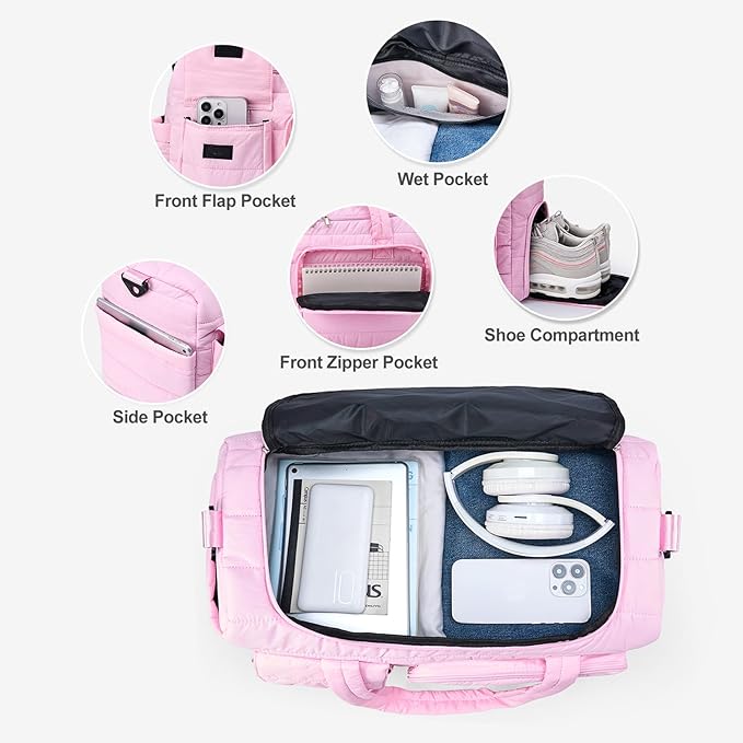 Quilted Gym Bag for Women, Cute Travel Duffel Bag with Shoe Compartment & Wet Pocket, Lightweight Puffer Weekender Overnight Bag, Travel Carry On for Sport, Hospital, Yoga